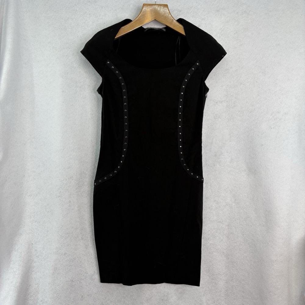 Zara Basics Bodycon Dress Womens Size Large Black Cap Sleeve Stretch Stud Detail